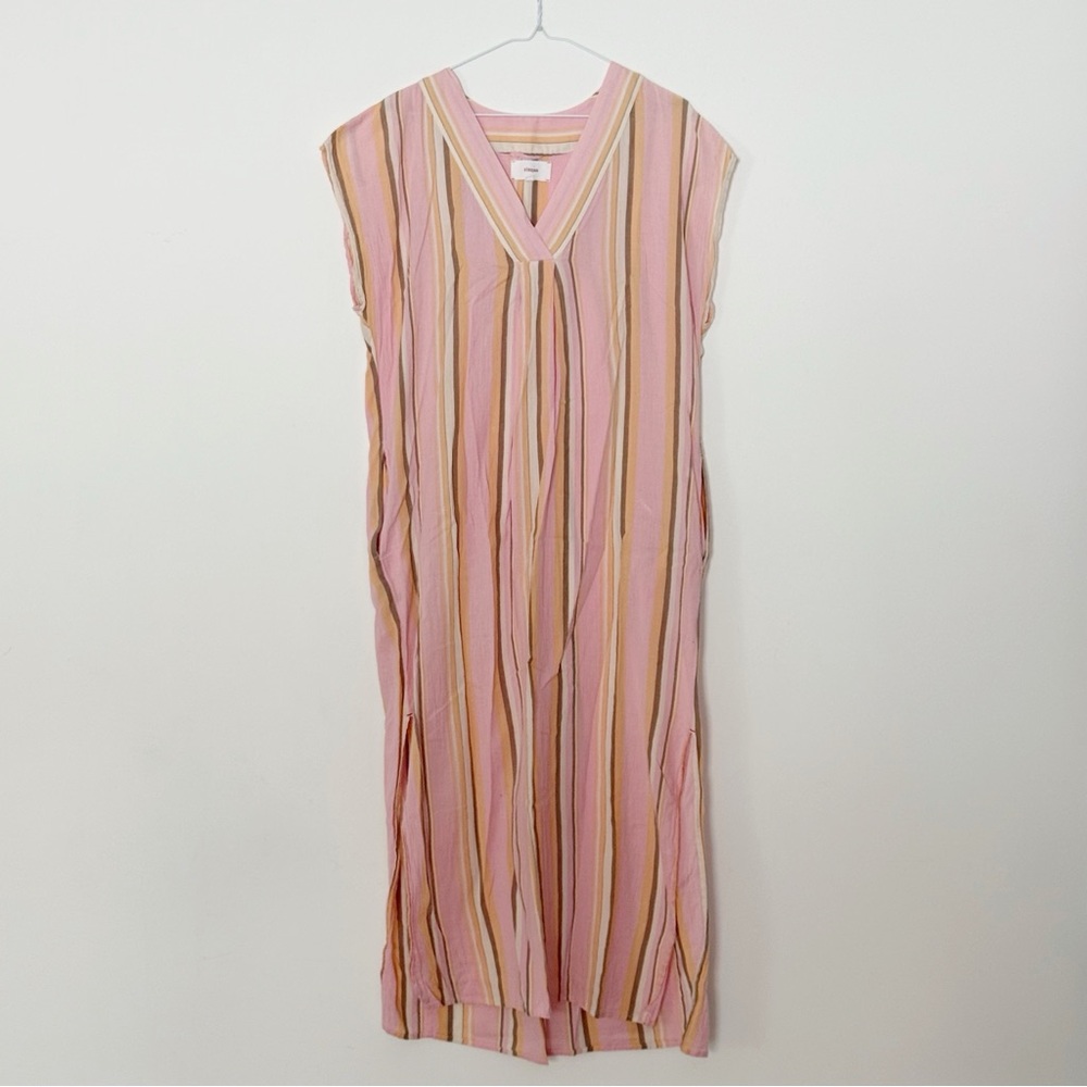 XiRENA Woman Pink Striped Light Cotton V-Neck Maxi Dress SMALL Boho Chic Coastal